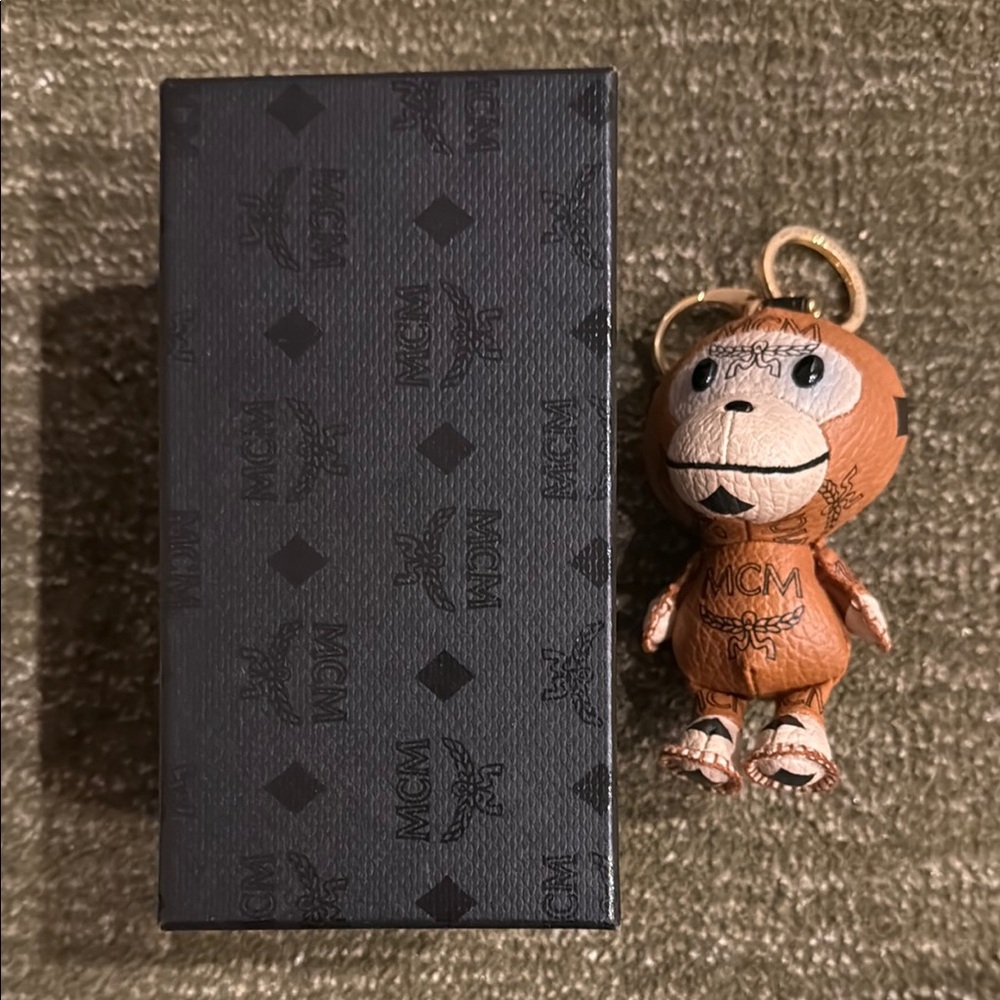 MCM Tan Monkey Keychain with Gold Accents